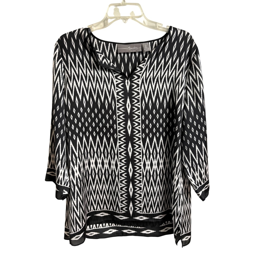 Chicos Travelers Collection Black White Geometric Ikat Tunic Top Size 2 L Boho